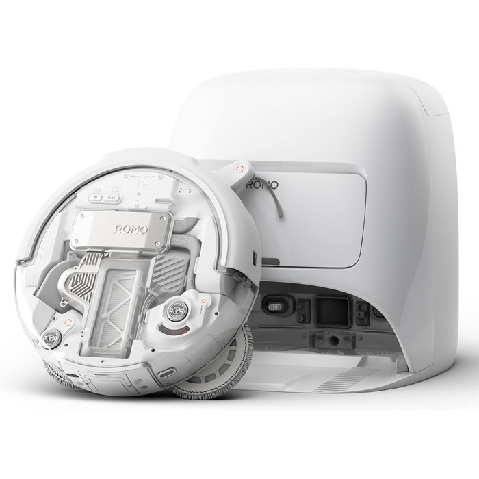 Робот-пилосос DJI ROMO S з функцією миття підлоги, 25 000 Па потужність всмоктування, розпізнавання перешкод рівня дрона, два робочі руки, 200 днів без обслуговування, автоматичне очищення та сушіння моп-насадки (DJI ROMO A (версія з баком для води))