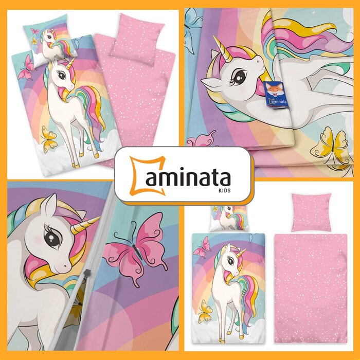 Дитяча постільна білизна Aminata 135 x 200 в стилі єдинорога для дівчаток з бавовни із застібкою-блискавкою, дитячий комплект постільної білизни Unicorn Rainbow Pink