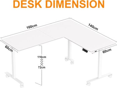 Електричний кутовий стіл BEXEVUE 160x140 см з регулюванням висоти, 3 пам'яті, антиколізійна система, для дому та офісу