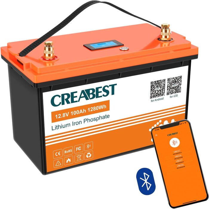 Акумулятор 12V 200Ah CREABEST LiFePO4, BMS, Bluetooth, глибокий цикл, 2560 Вт, для автофургону, сонячної системи, поза мережею