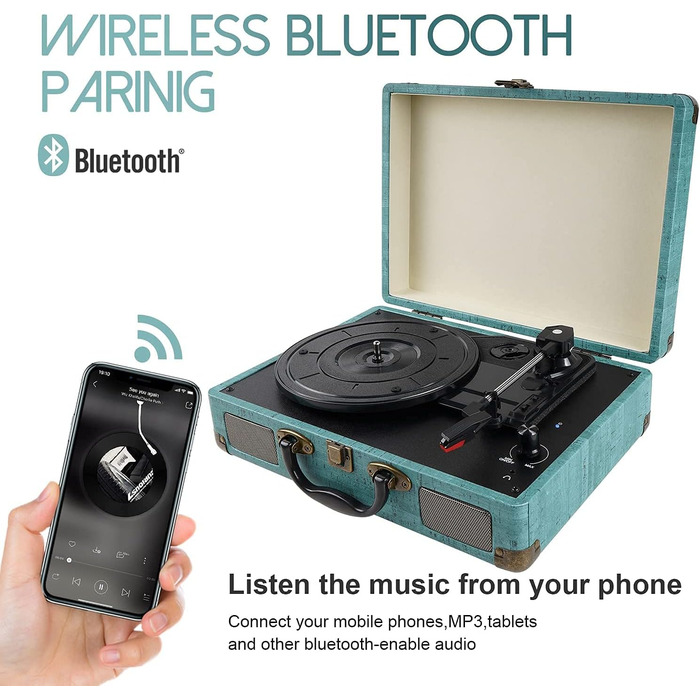 Портативний вініловий програвач Bluetooth 3-швидкісний з вбудованими динаміками, RCA, AUX, MP3, для смартфонів