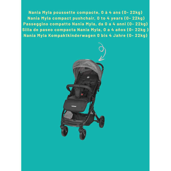 Дитячий прогулянковий візок Nania Myla компактний, до 22 кг, 0-4 роки, легкий (7.5 кг), для міста, з ручним регулюванням спинки до положення лежачи, великий кошик, з сумкою для транспортування