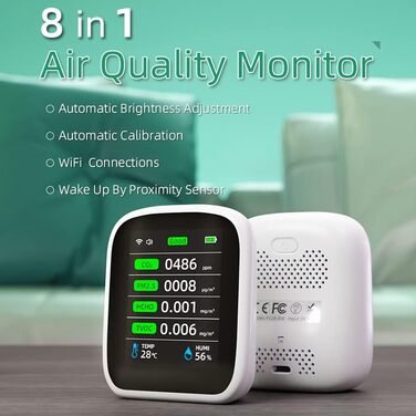 Портативний тестер якості повітря Irfora Tuya WiFi 8 в 1: PM1.0, PM2.5, PM10, CO2, TVOC, HCHO, температура, вологість, LCD-дисплей