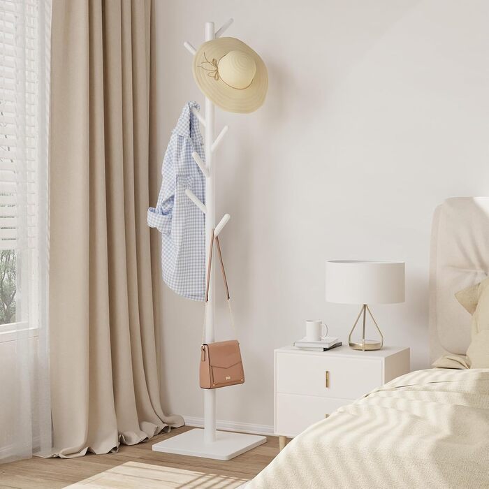 Підвісна вішалка для одягу з масиву дерева, дерев'яна вішалка для одягу, 8 гачків, 3 регульовані висоти, 30x30x180 см, білий колір