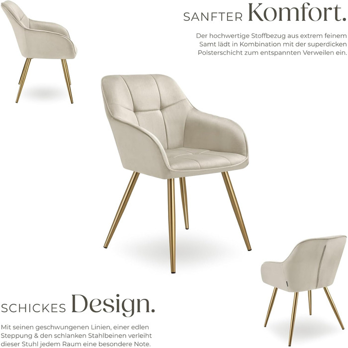 Тектейк® Крісло з велюру, комплект 2 шт., кремово-золотий колір. Сучасні кухонні стільці, крісла для вітальні, стільці для туалетного столика.