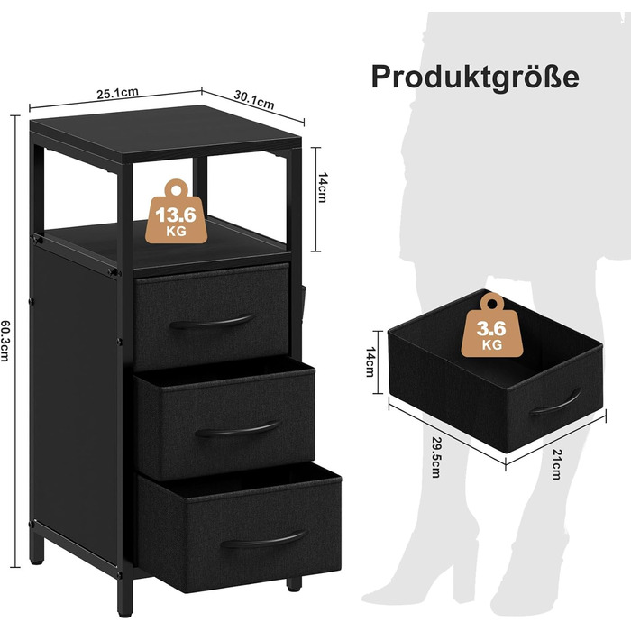Нічний столик з підзарядкою та LED, приліжний столик з 3 висувними ящиками з тканини, нічний столик з полицею, відкрите відділення, 2 розетки AC, USB та Typ C порти, для спальні, вітальні, офісу (25x30x60 см, Чорний, 2)