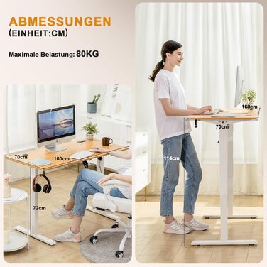 COMHOMA Стол для роботи з регулюванням висоти 160x70 см з USB-роз'ємом та гачками, Електричний стіл для комп'ютера, Стол для стоячи-сидячи, коричневий