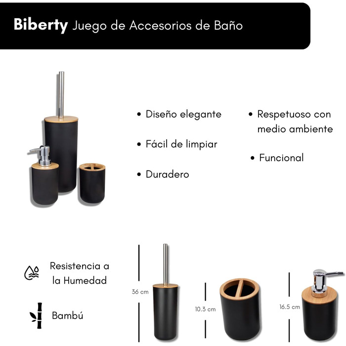 Набір аксесуарів для ванної кімнати Biberty, чорний/бамбук, дозатор для мила, щітка для унітазу, тримач для зубних щіток, 3 шт. и