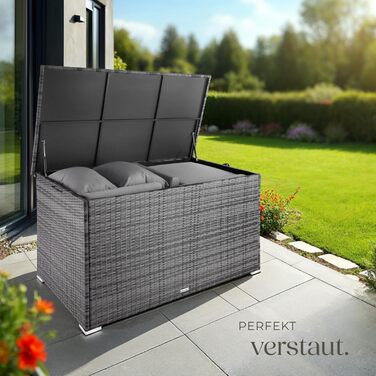 Скриня для зберігання садових речей Tectake з поліротангу, 750 л, чорна - водонепроникна, з газовими амортизаторами, 145x82.5x79.5 см