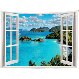 Прозоре вікно Море Природа Пляжні гори Гобеленовий плакат 200 x 150 см Садовий плакат Синій