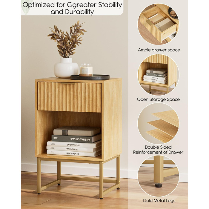 Приліжкові столики з відкритою полицею, журнальний столик для спальні та вітальні (горіх) (40 x 30 x 60 см, фініш з текстурованої дуба)