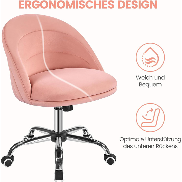 Крісло Yaheetech для дому та офісу: регульоване, обтягнуте велюром, з поворотним механізмом, до 136 кг, білий/рожевий