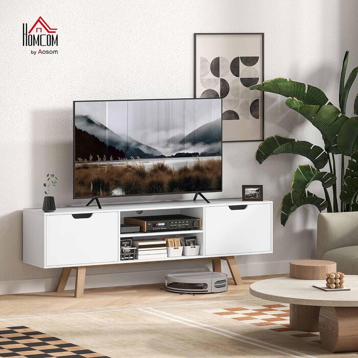 Тумба під телевізор HOMCOM: 150 x 39 x 50 см, білий колір, 2 дверці, 2 полиці, для телевізорів до 65 дюймів