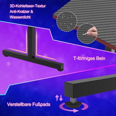 Ігровий стіл Devoko 160x60 см з LED підсвічуванням, підставка для монітора, карбонове покриття, ергономічний дизайн, чорний