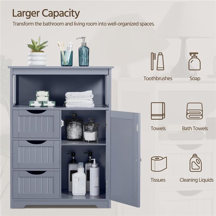 Шафа для ванної кімнати Yaheetech з 3 висувними ящиками та 1 дверцятами, регульовані полиці, 66x35x90 см (Сірий)