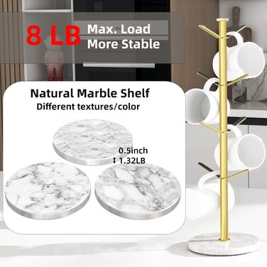 Підстаканник Gypie Marble, дерево, 8 гачків, міцний, підставка для чашок для кухні, стійки, кафе, (золото)