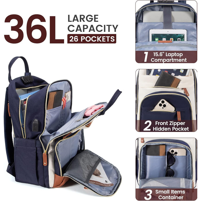 Рюкзак LOVEVOOK для ноутбука 15.6 дюймів: шкільний, для підлітків, водонепроникний, антикрадійний, для дівчаток та хлопців, чорний, бежевий