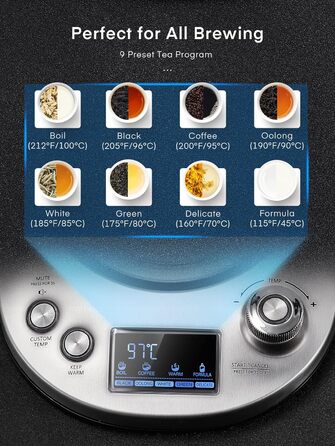 Чайник з налаштуванням температури, 40-100C, 2200 Вт, заварка для чаю, функція збереження тепла, 1,7 л, срібло