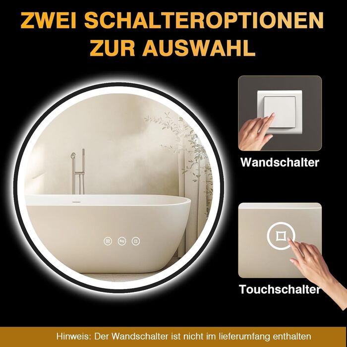 Дзеркало кругле PESENXAN 70см з підсвічуванням та чорним каркасом. Антизапарник, регулювання яскравості, 3 кольори світла, LED, сенсорне управління, функція пам'яті. Розміри: 70x70 см