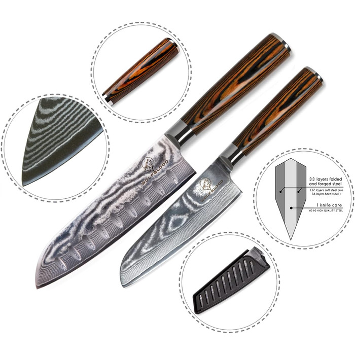 Набір кухонних ножів Wolfblood з дамаської сталі (2 шт.): Сантоку 30см та 24см. Дамаський сталь 67 шарів, твердість 62 HRC, сертифікат TÜV, дерев'яні ручки, подарункова коробка, захист леза.