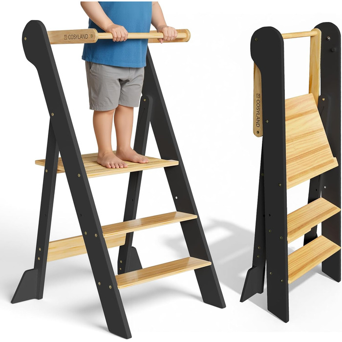 COSYLAND Монтессорі навчальний столик-сходинка для дітей від 1 року, регульована висота, складаний | Навчальний столик-сходинка для кухні | Темно-сірий-натуральний | COSYLAND