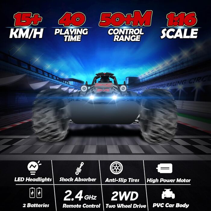 Радіокерований позашляховик 2.4GHz, LED підсвічування, швидкість 15+ км/год, іграшка для хлопчиків, чорно-червоний