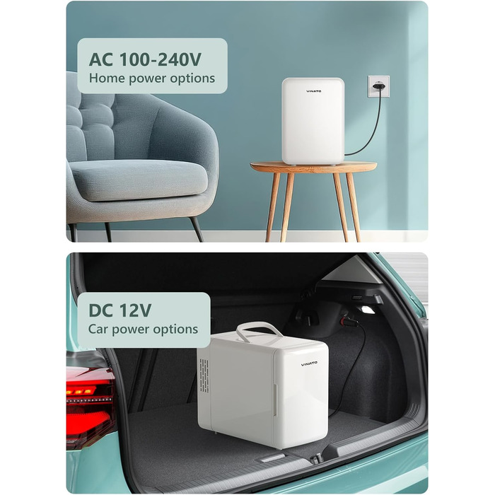 Міні-холодильник VINATO 6 л для косметики та напоїв, 220V/12V, білий, без дзеркала