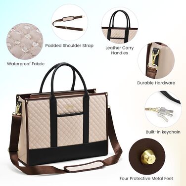 Сумка для ноутбука LOVEVOOK для жінок, водонепроникна, велика, шкіряна, для роботи, навчання, офісу, університету (15,6 дюймів, хакі+чорний)