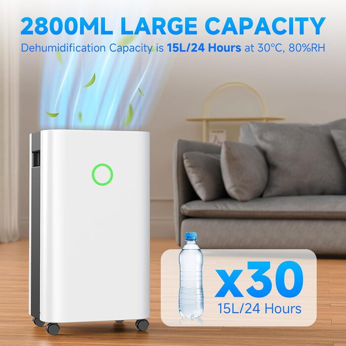 Електричний осушувач повітря 15L, тихий, з таймером 24H, захистом від переливу, дитячим блокуванням, для квартири, підвалу (білий)