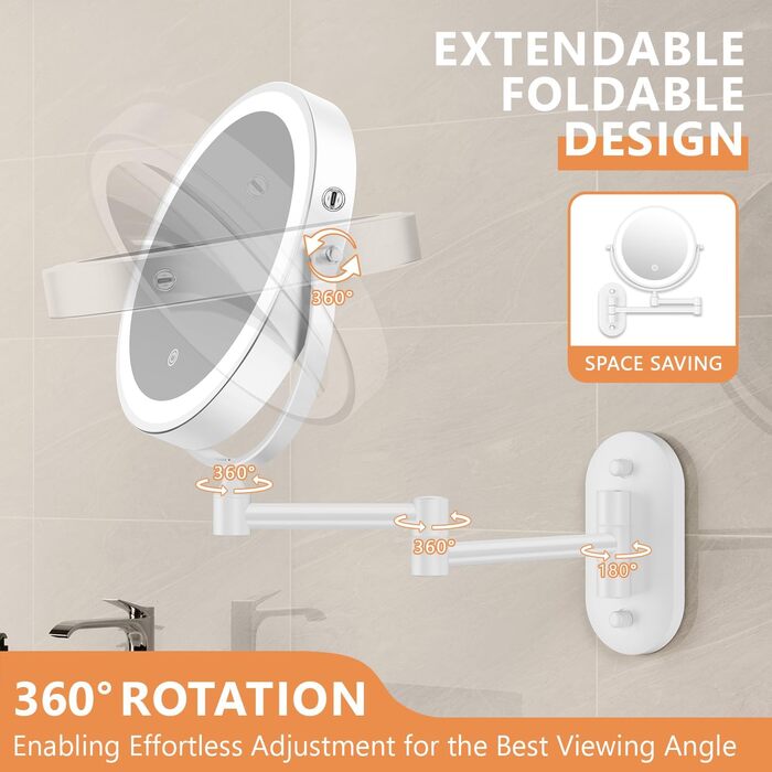 Дзеркало для макіяжу Auxmir з підсвічуванням, 1x, перезаряджуване, з підсвічуванням для гоління, настінне, з регулюванням яскравості, збільшувальне (30x), 3 кольори світла, поворотне на 360°, для ванної кімнати (білий)