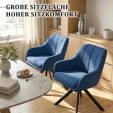 Обідні крісла поворотні, сірі, з підлокітниками, 6 шт. М'які крісла для кухні та вітальні з металевими ніжками, з тканини (темно-синій льон)