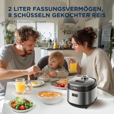 Мультиварка Midea Reiskocher 5 л: рис, суп, тушкування, повільне приготування, 11 програм, таймер, аксесуари, чорний/срібний