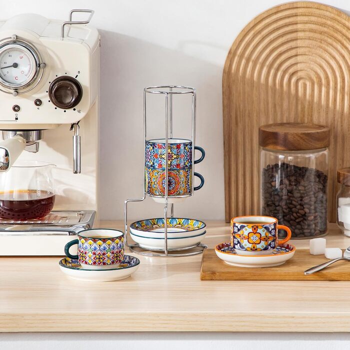 Набір чашок для еспресо Vancasso 4 шт., 150 мл SIMI з підставками та стійкою, керамічні чашки для еспресо, капучино, лате, мокко