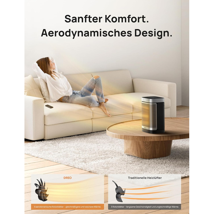 Електричний обігрівач Dreo з термостатом, 1500W, керамічний, тихий, з осциляцією, ECO-режим, таймер 12 годин, захист від перегріву та перекидання, срібний