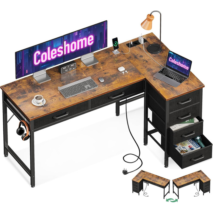 Комп'ютерний стіл Coleshome L-подібний з 6 шухлядами, білий, 126x80 см, з розеткою та гачками