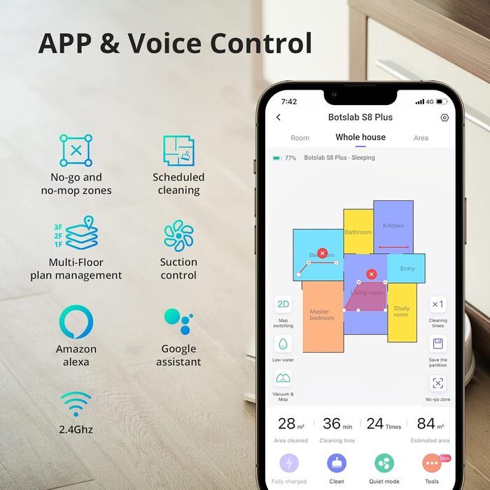 Робот-пилосос 360 Botslab S8 Plus з всмоктувальною станцією 4 л, робот-пилосос 2700 Па з функцією миття підлоги, лазерна навігація, багатоповерхове картографування