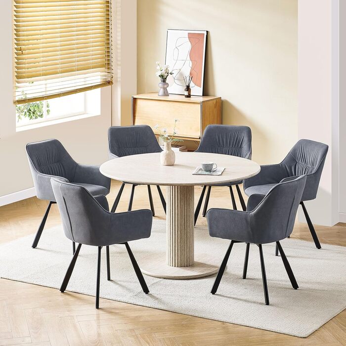 Набір обідніх крісел 6 шт., поворотні, з підлокітниками, 360°, сучасний м'який стіл з велюру, для їдальні, кухні, вітальні, кабінету, спальні (4 поворотні, сірий)