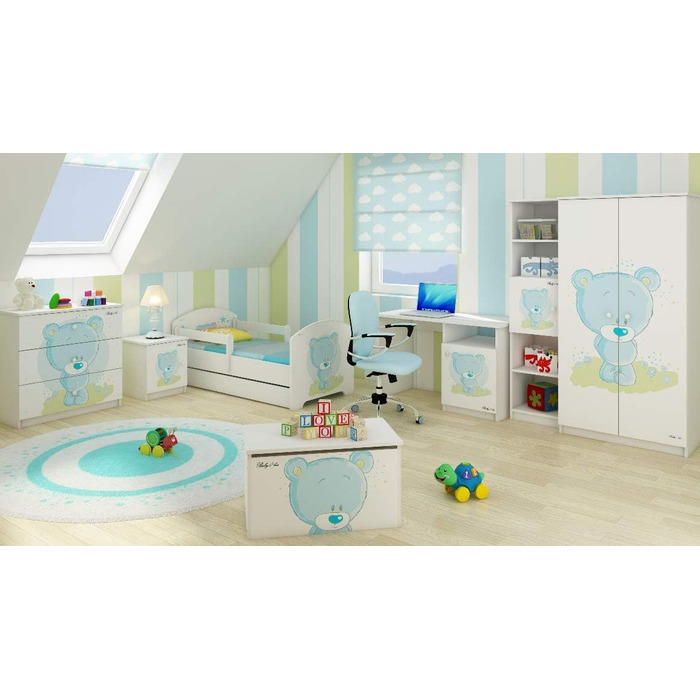 Дитяча кімната Зірка Дитяче ліжко з 3 предметів Комод Шафа для одягу біла/синя Комплектація (ящик для іграшок), 123home24.com