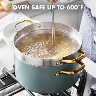 Каструля GreenPan Padova Reserve з антипригарним покриттям Hartelox, 18 см, 2 л, з кришкою з термостійкого скла, PFAS-free, для індукційних плит, з золотим ручками, придатна для миття в посудомийній машині та для випікання, колір: Димчастий блакитний (з ф