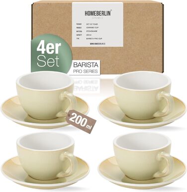 HOMEBERLIN® Barista Pro Набір кавових чашок Капучіно 200мл - Преміум набір з якісного фарфору (4 шт.) з підставками, ручної роботи, глазурований пісок