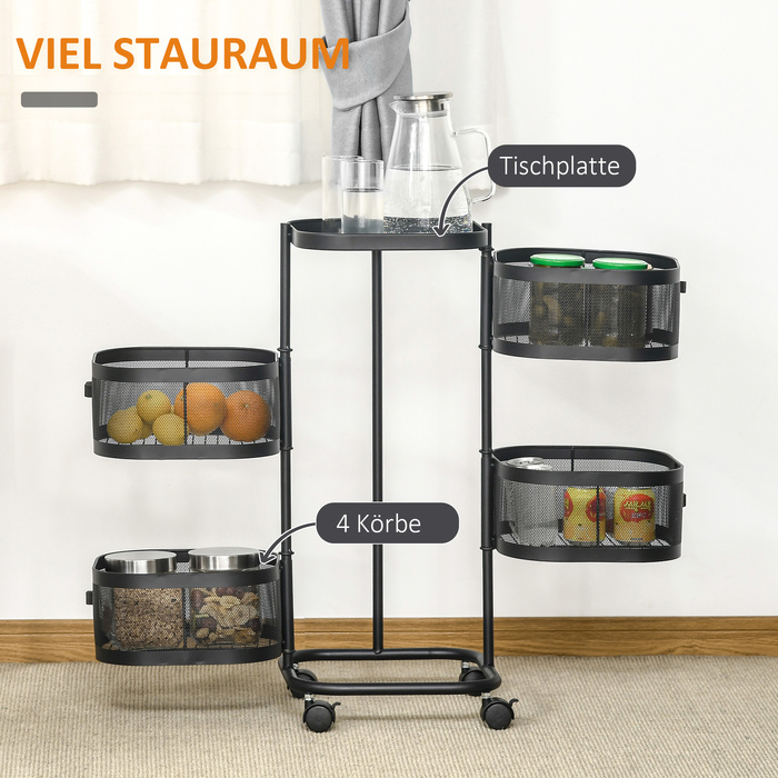 Поворотний кухонний візок на 4 рівнях з коліщатками та дротяними кошиками. Візок з верхньою полицею, розміром 33x33x77 см, чорного кольору.