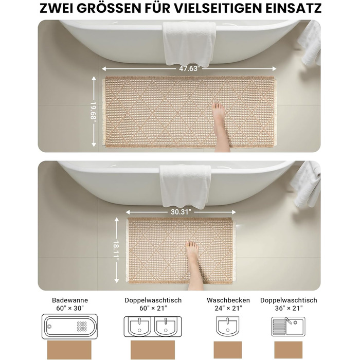 Набір килимків для ванної кімнати (2 шт.) - великий та середній, неслизькі, пранні, бохо-стиль, 51x120 см + 46x77 см, коричневий