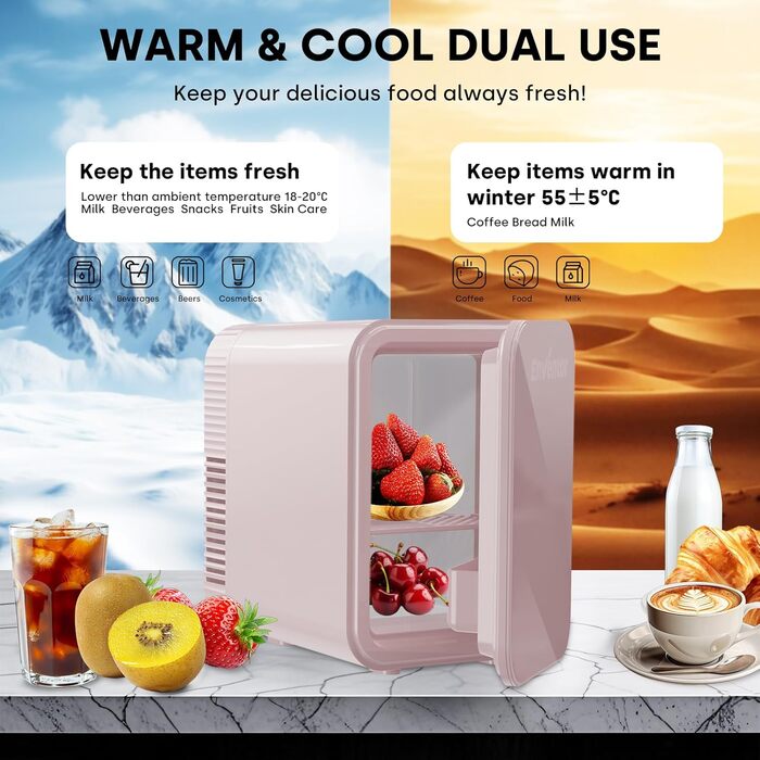 Mini холодильник Enventor 10L: для кімнати, авто, офісу. Кулер/підігрів, 12V/220V, тихий, рожевий