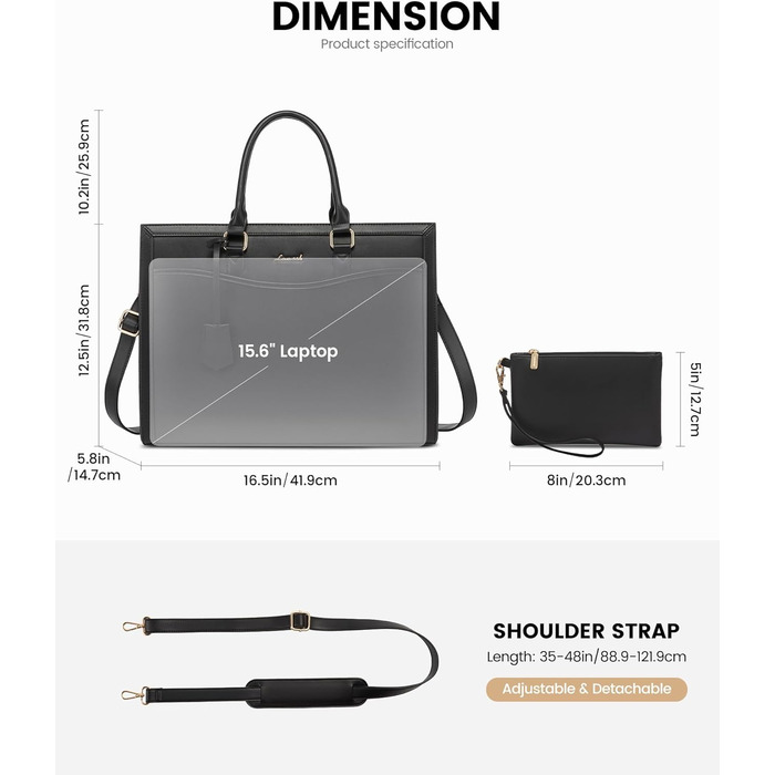LOVEVOOK Сумка для ноутбука 15.6 дюймів, жіноча, велика, з PU-шкіри, для роботи, навчання, універсальна, чорна
