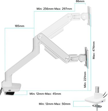 Кріплення для монітора ARES WING з USB A/C, кріплення для монітора 17-49 дюймів, підставка для монітора з газовою пружиною, VESA 75/100 мм, білий