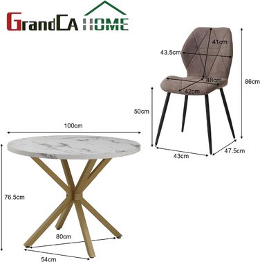 Набір обіднього столу GrandCA HOME: круглий стіл 100 см та 4 сучасні лінові стільці, для вітальні, кухні, їдальні. Колір: темно-сірий + коричневий (під мармур)