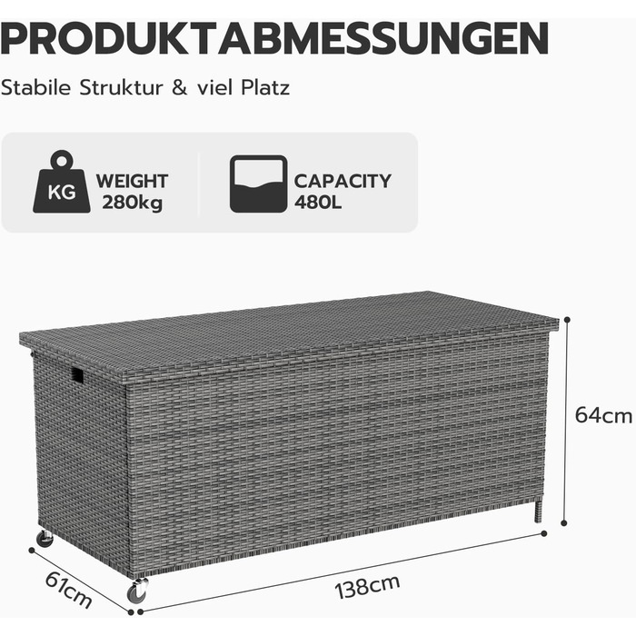 Скриня для подушок садових Polyrattan Amopatio 480л, водонепроникна, з роликами та газліфтом, сіра