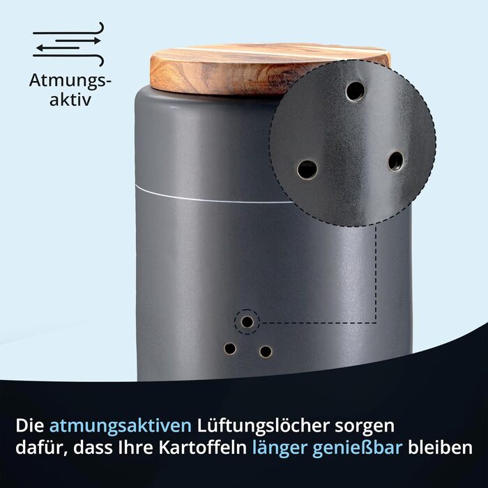 Набір для зберігання картоплі, цибулі та часнику KHG, 3 шт., кераміка, бамбукові кришки, сірий антрацит, об'єм 3 л та 1,5 л