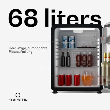 Холодильник Klarstein Audrey Evo 68L: Ретро-дизайн, тихий (40 dB), компресор, регульовані ніжки, двері, що відкидаються, чорний (68 л, енергоклас E)