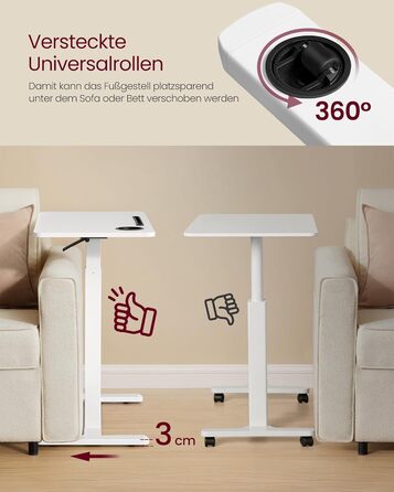 Столик приставний VASAGLE на колесах, мобільний, 70x40 см, регульована висота, 2 тримачі для напоїв, слот для телефону/планшету, білий (LSD600W01)